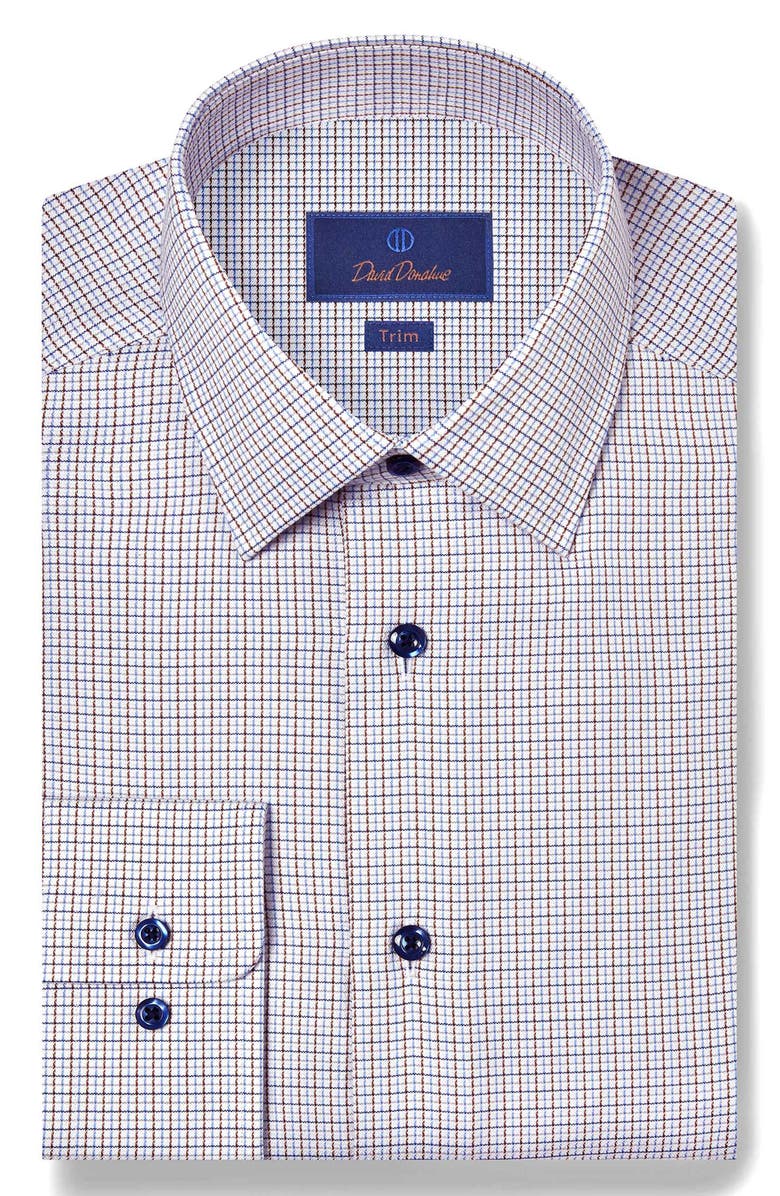 David Donahue Trim Fit Check Textured Cotton Dobby Dress Shirt, Main, color, Blue/ Chocolate
