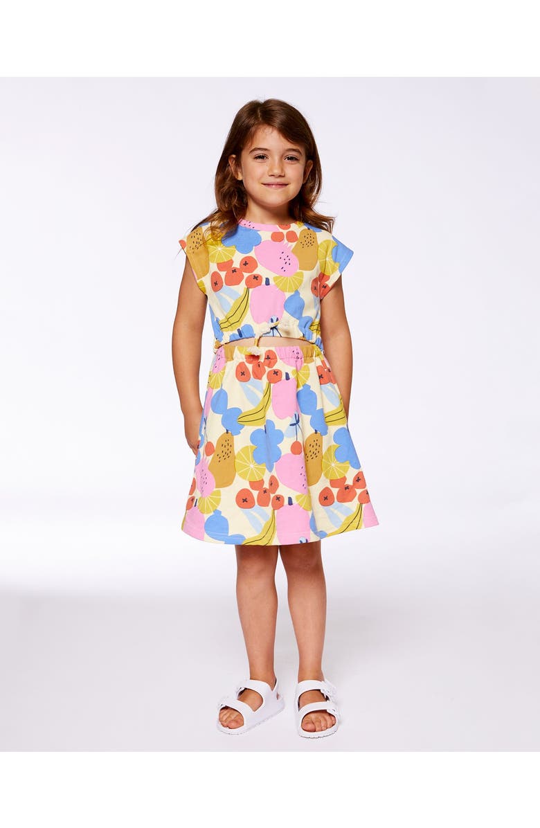 Deux par Deux Little Girl's Printed French Terry Dress Fruits On Yellow Background, Alternate, color, 