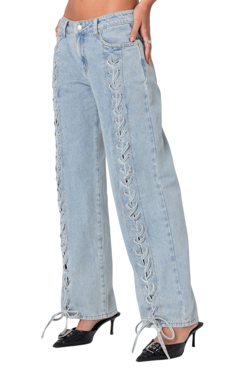 EDIKTED Laced Up Low Rise Wide Leg Jeans, Alternate, color, Light-Blue