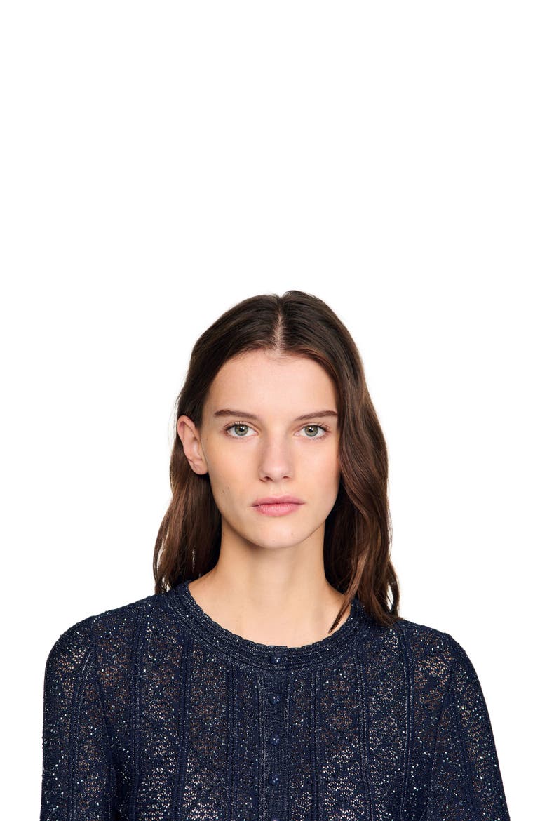 Strass knit cropped cardigan, Alternate, color, Navy blue