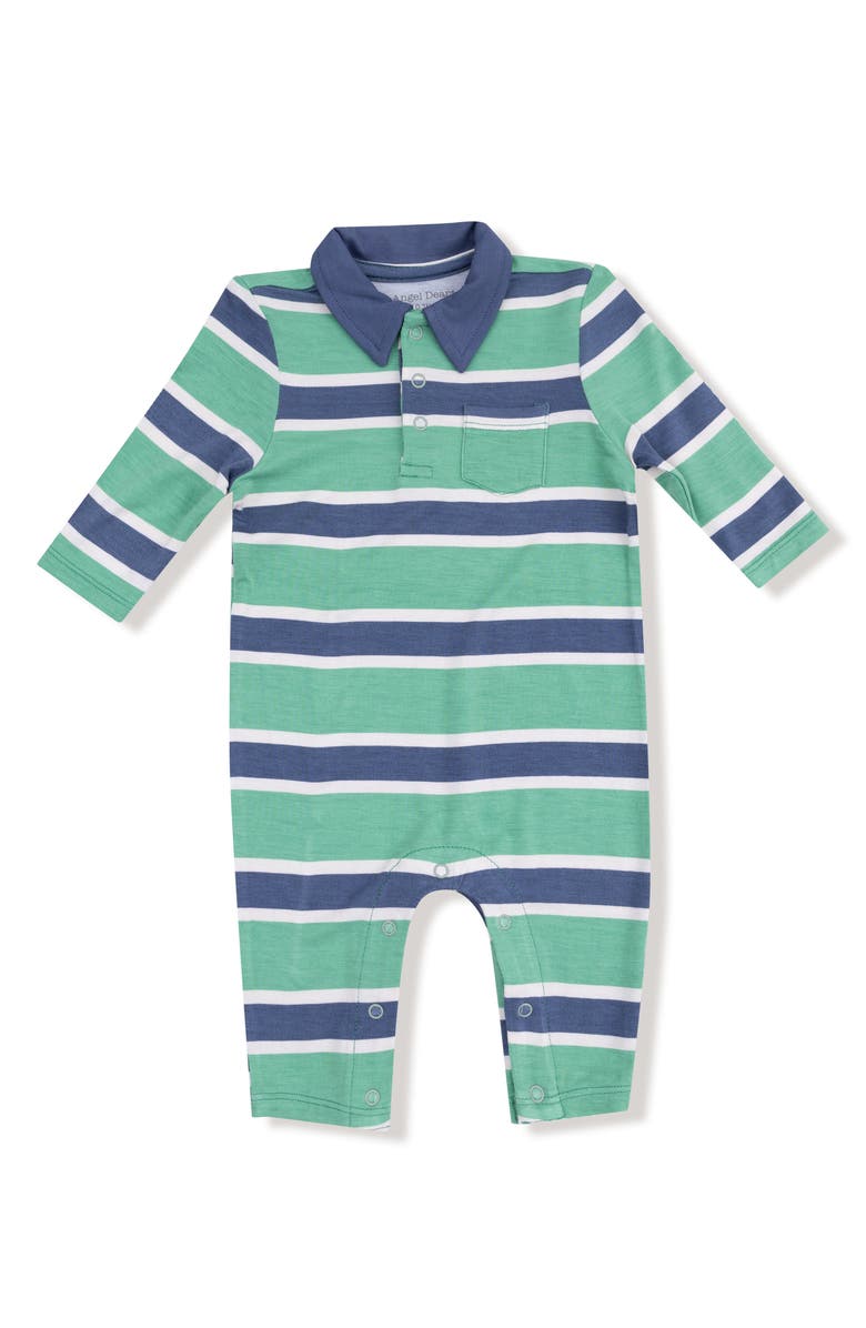 Angel Dear Rugby Stripe Long Sleeve Romper, Main, color, Green/ Navy
