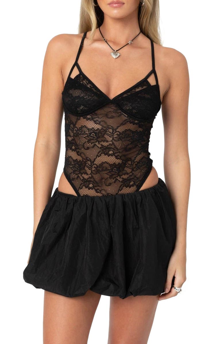 EDIKTED Cutout Lace Bodysuit, Main, color, Black