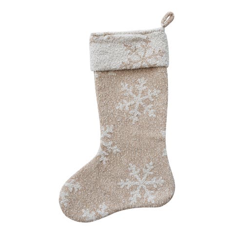 Woven Fabric Jacquard Stocking with Snowflake Pattern, Beige and Natural