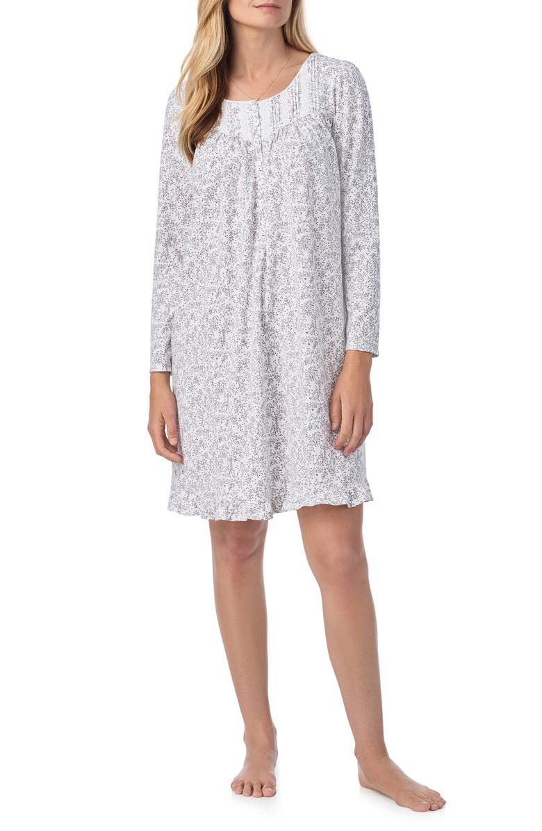 Eileen West Long Sleeve Cotton Jersey Short Nightgown, Main, color, White Floral
