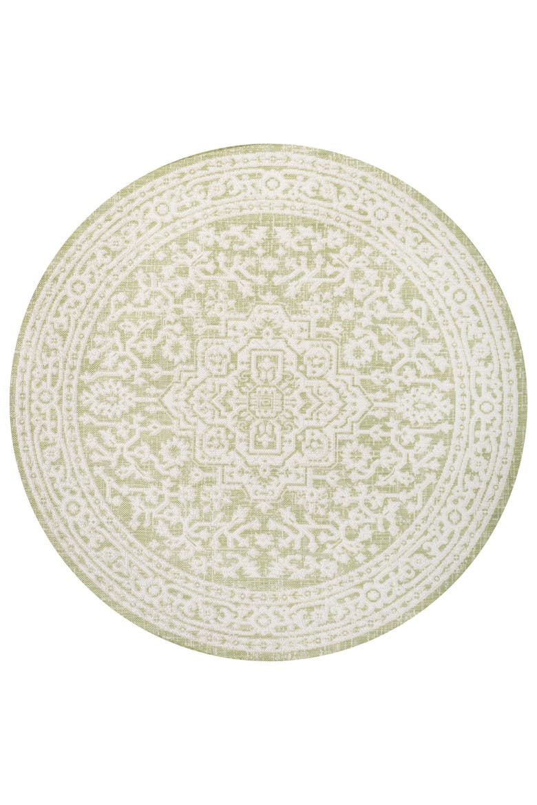 Sinjuri Medallion Textured Weave Indoor/Outdoor Round Area Rug, Alternate, color, Green/Cream