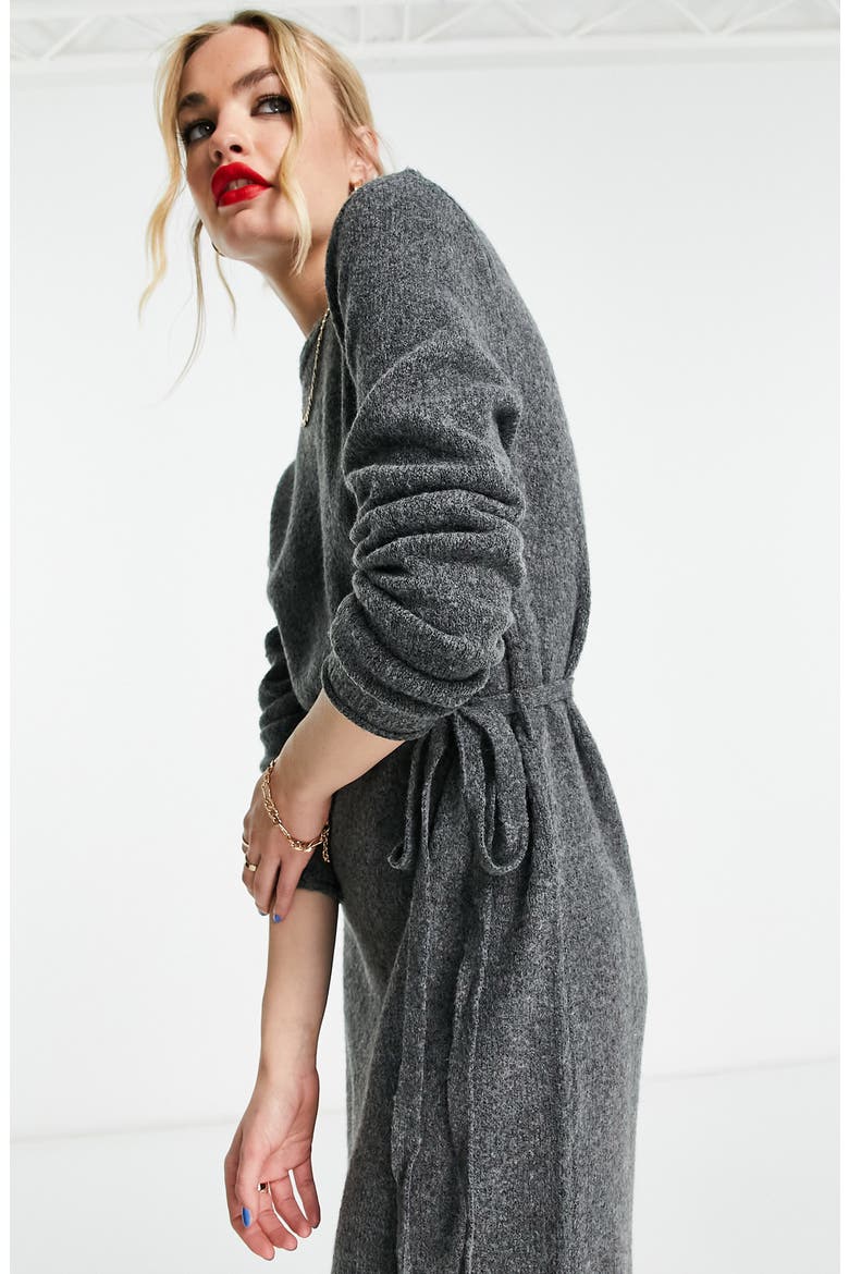 Tie Waist Long Sleeve Midi Sweater Dress, Alternate, color, CHARCOAL