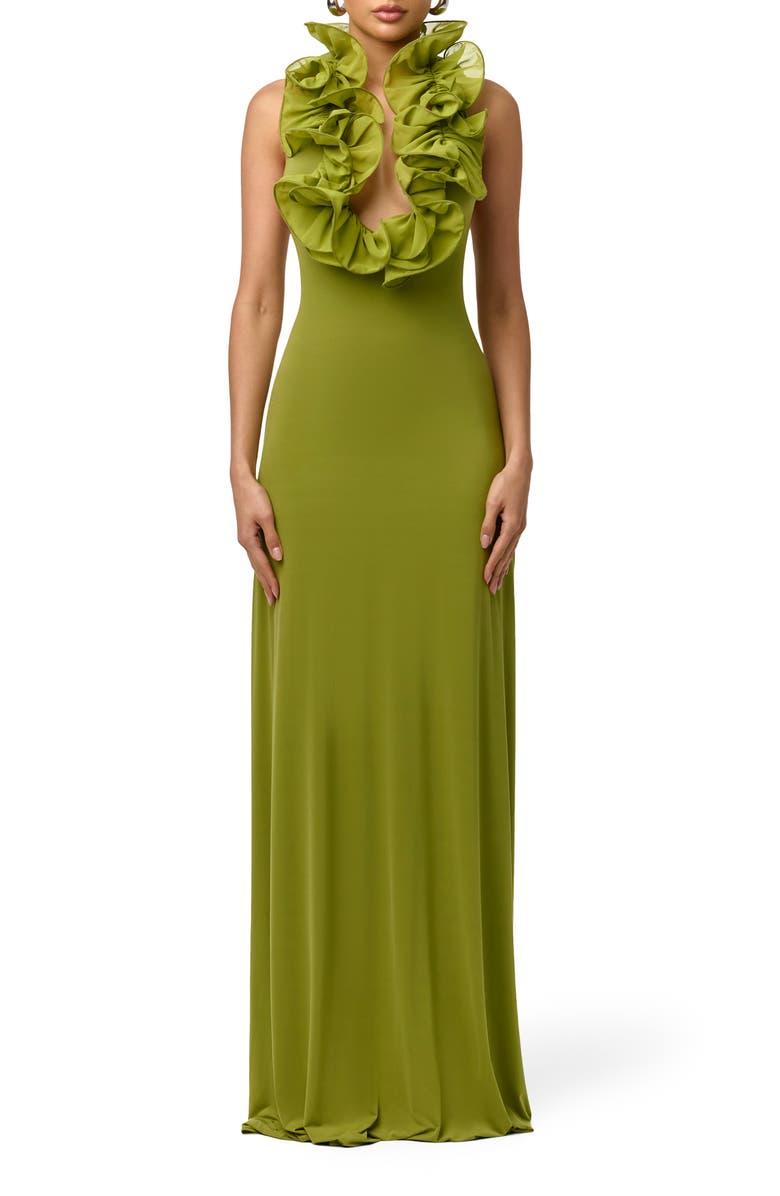 Naked Wardrobe Ruffle Plunge Halter Maxi Dress, Main, color, Mojito