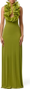 Naked Wardrobe Ruffle Plunge Halter Maxi Dress