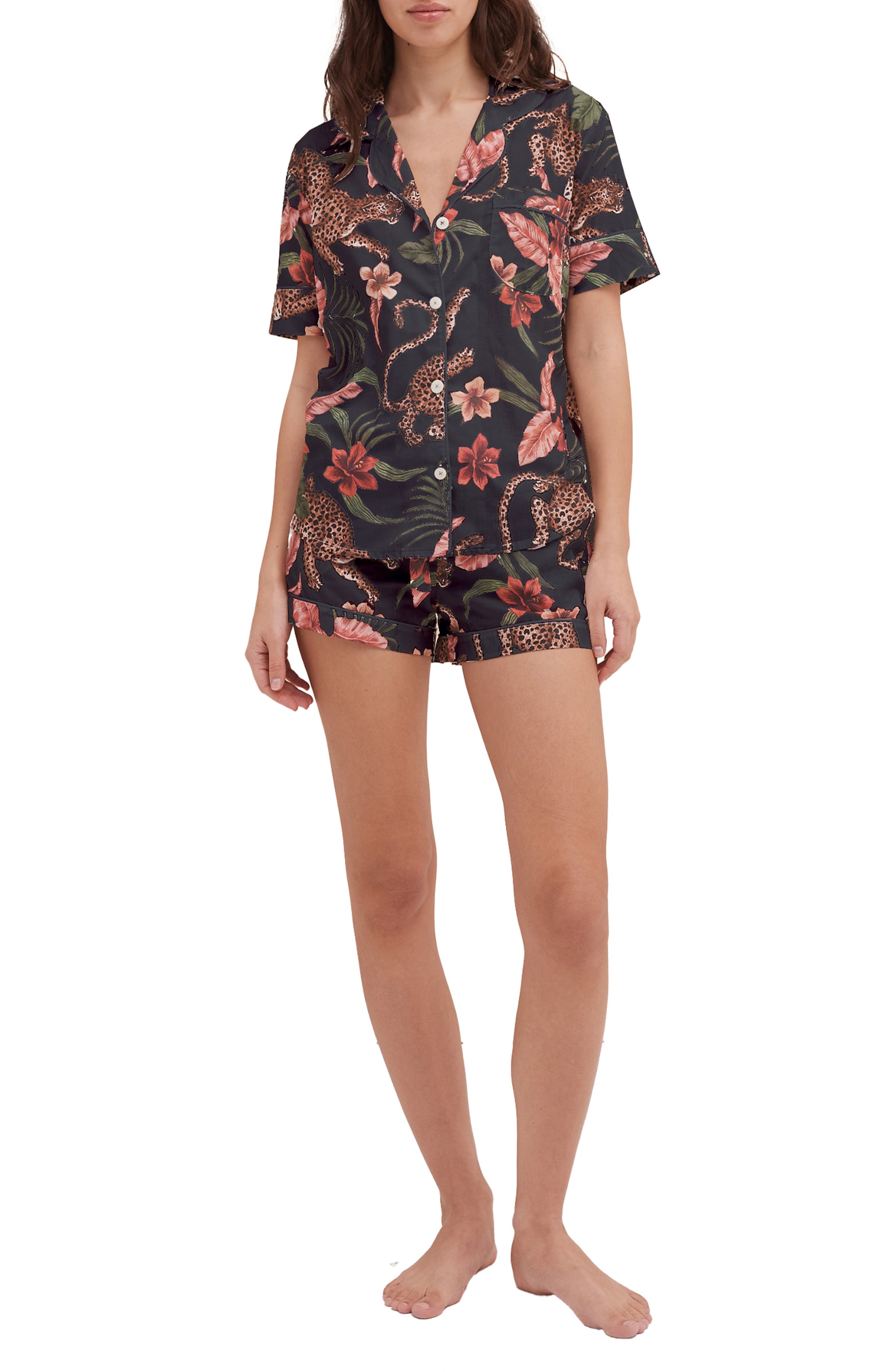 Desmond & Dempsey Print Cotton Short Pajamas in Soleia Navy 