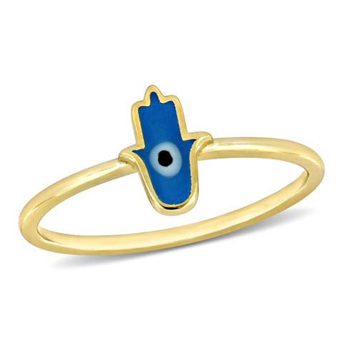 Turquoise & White Enamel Hamsa Ring 14k Gold