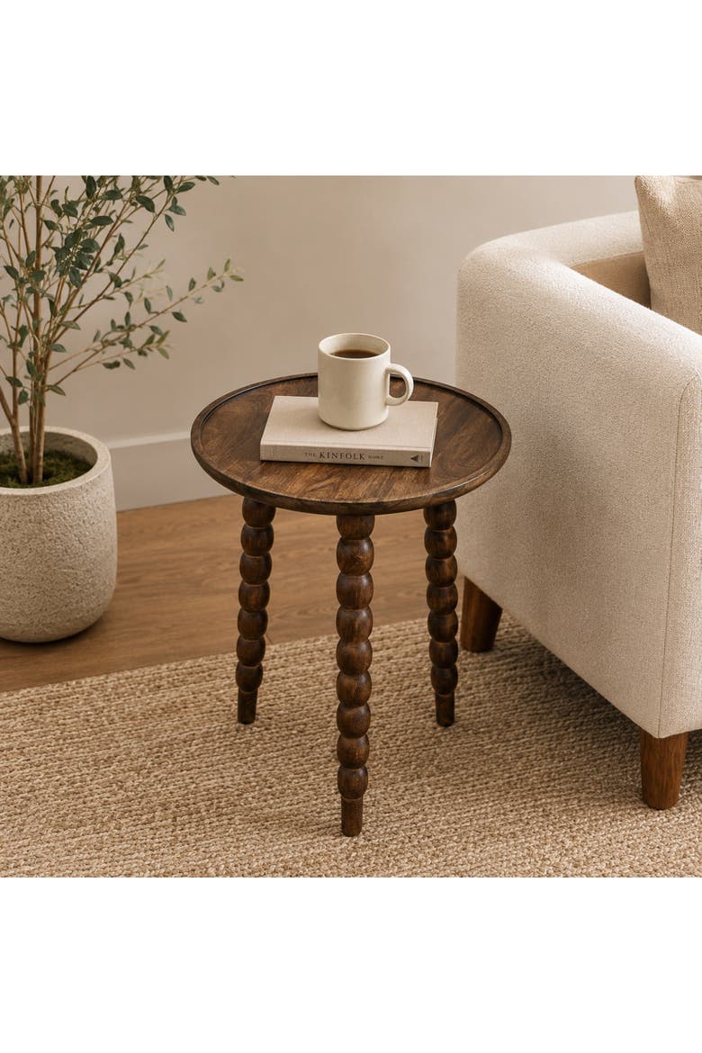 Mango Wood Round Accent Table with Metal Legs, Knockdown, Alternate, color, Dark Brown
