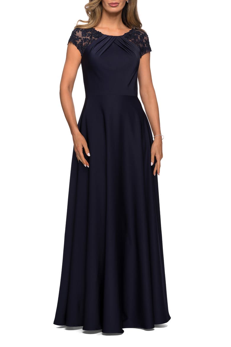 Long Satin Dress with Sheer Floral Lace Cap Sleeves, Main, color, Navy