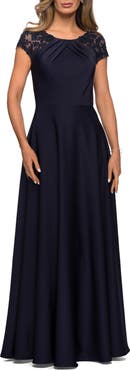 La Femme Long Satin Dress with Sheer Floral Lace Cap Sleeves