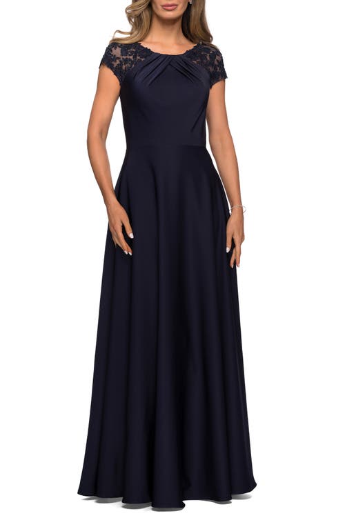 La Femme Long Satin Dress With Sheer Floral Lace Cap Sleeves In Navy