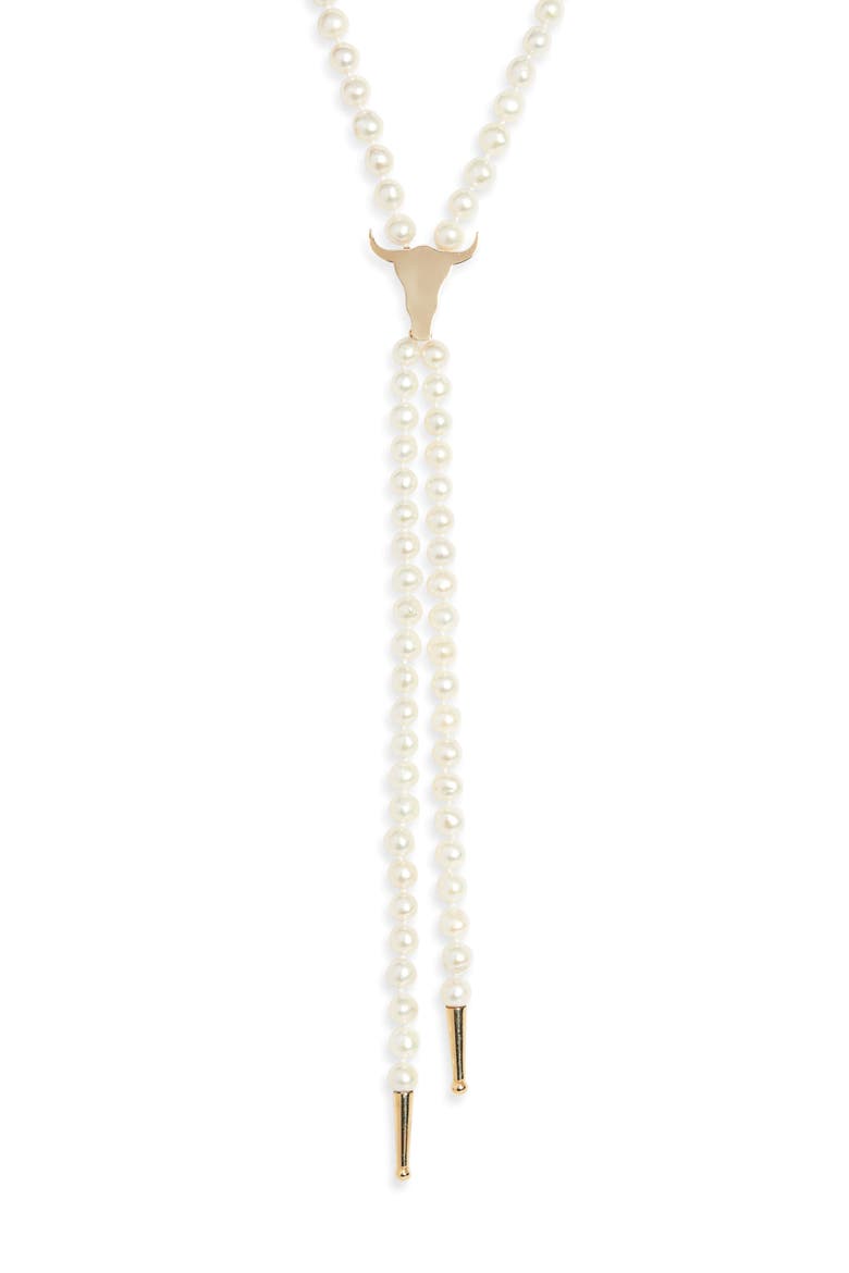 Genuine Cultured Pearl Steer Head Bolo Necklace, Main, color, YELLOW GOLD
