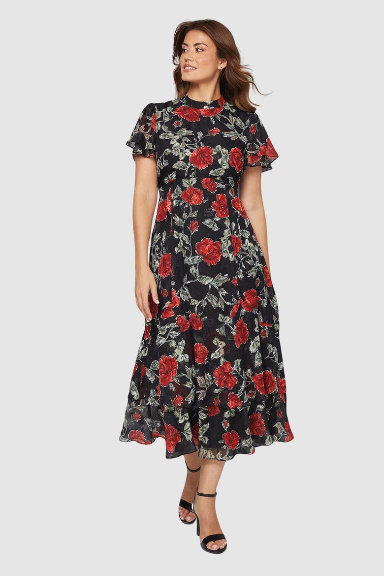 Floral Burn Out Ruffle Midi Dress, Main, color, Black