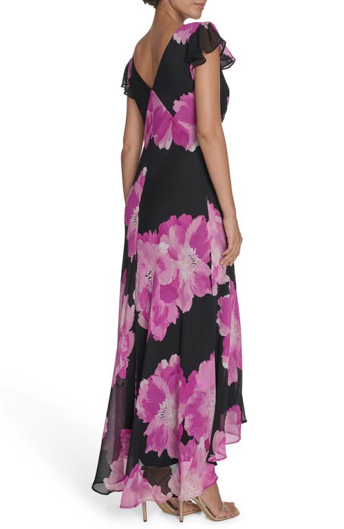 Calvin Klein Floral Flutter Sleeve Chiffon Maxi Dress In Black