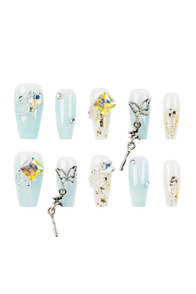 3H Luxury Handmade Press-on Nails - Crystal Butterfly, Main, color, White/Blue/Clear