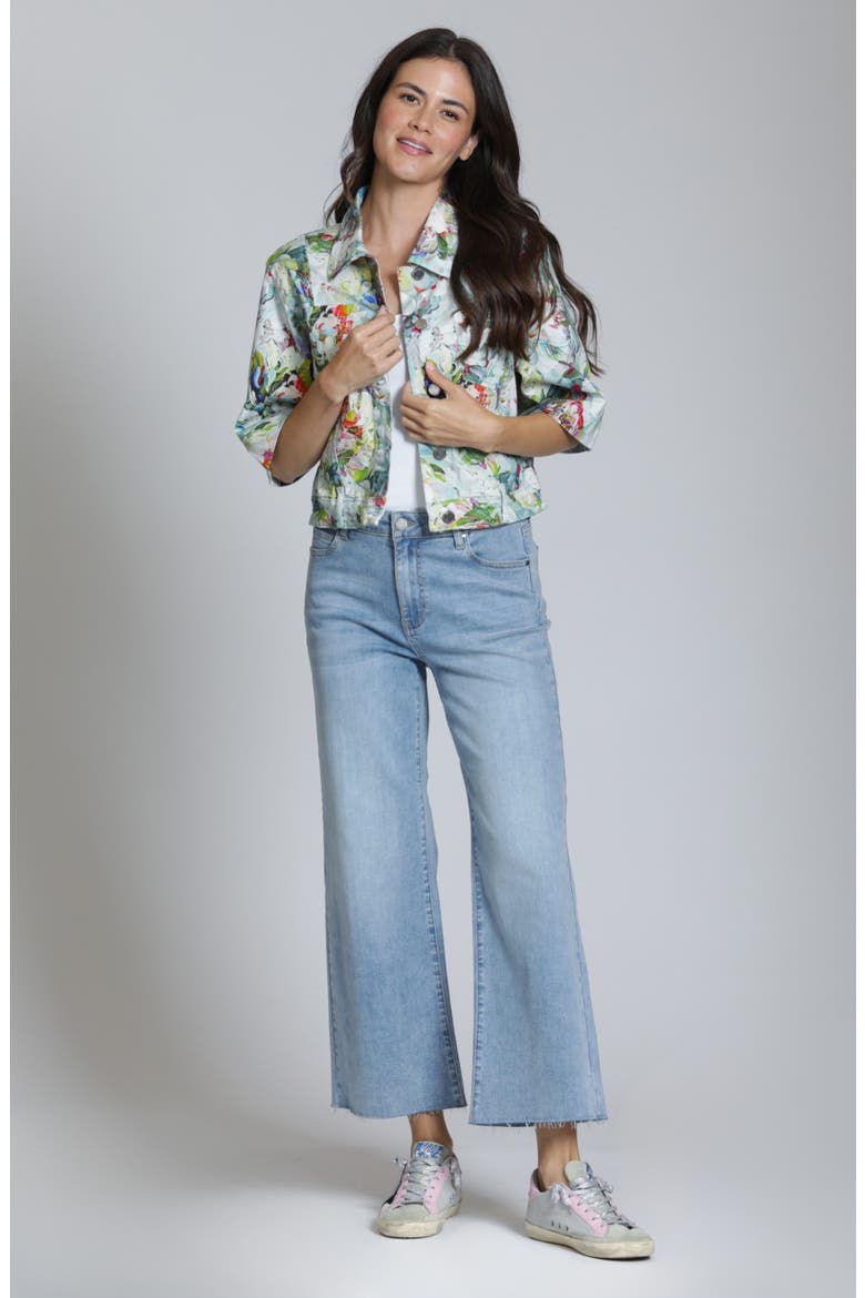 Floral Print Short Sleeve Denim Jacket, Alternate, color, AQUA MULTI