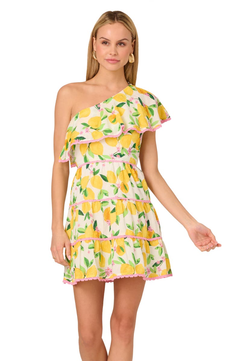 Adrianna Papell Print Clip Dot Ruffle One-Shoulder Tiered Minidress, Alternate, color, 