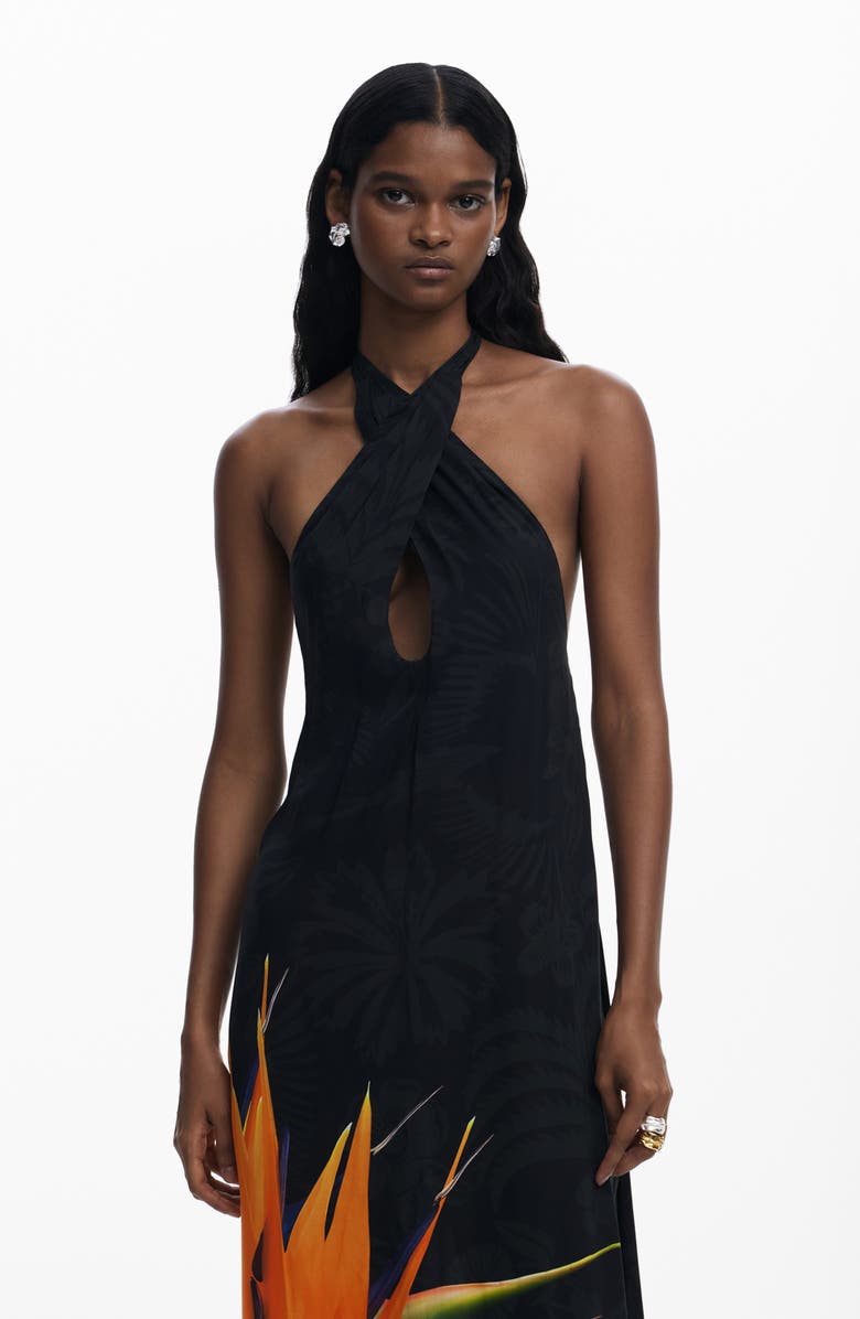 Desigual Halter Maxi Cover-Up Dress, Alternate, color, Black