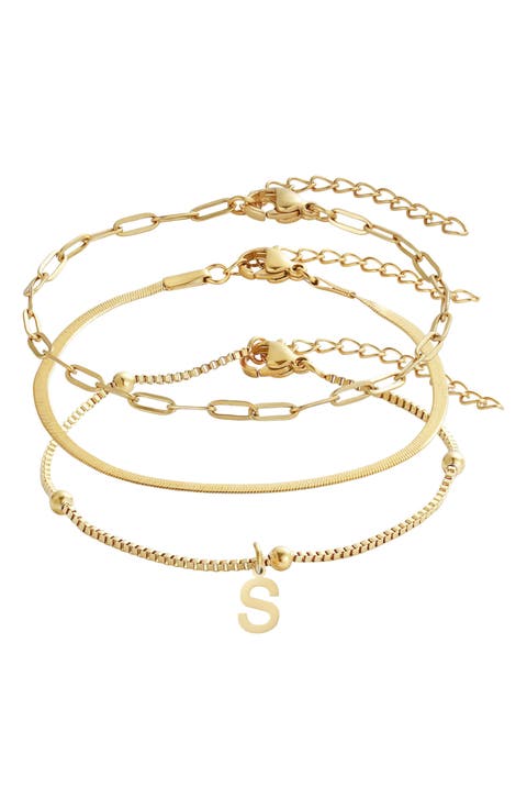 Set of 3 Tarnish Resistant 18K Gold Plated Chain Bracelets