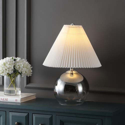 Jonathan Y Louisa 22.5" Mid-century Modern Round Glass/iron Pleated Shade Led Table Lamp, Smoke Gradient/chrome In Smoke Gradient/chrome
