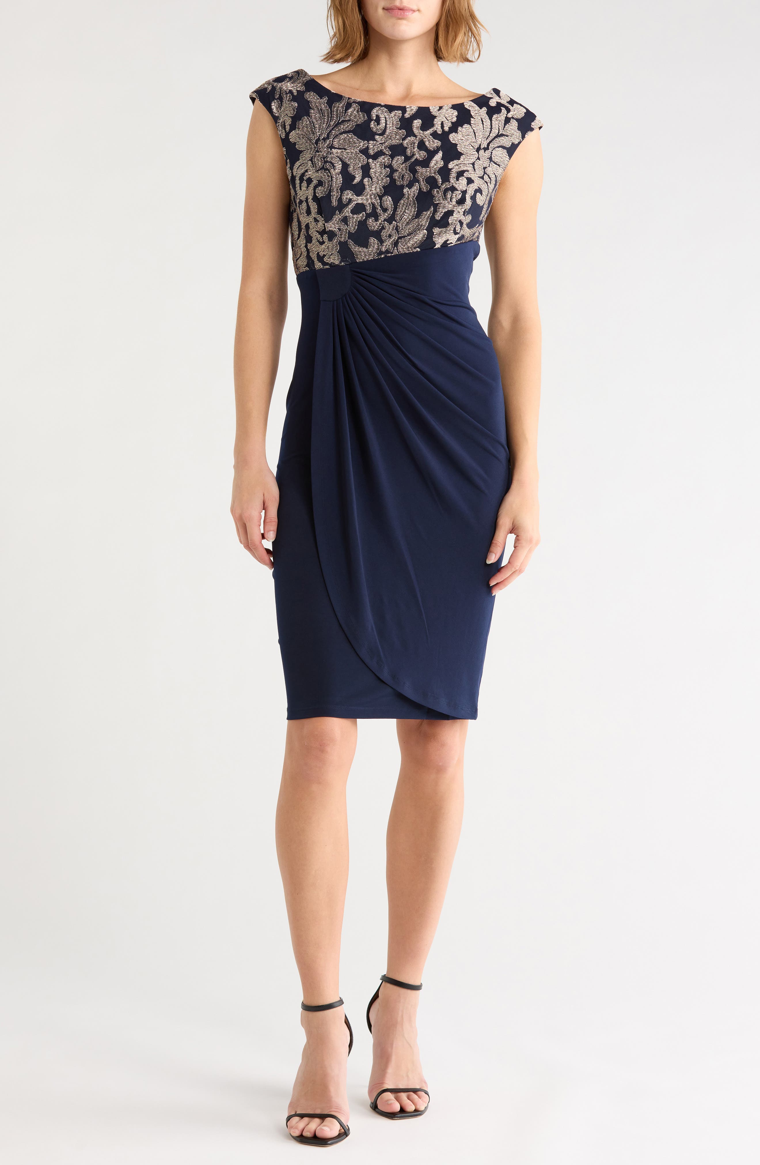 Embroidered Bodice Faux Wrap Sheath Dress