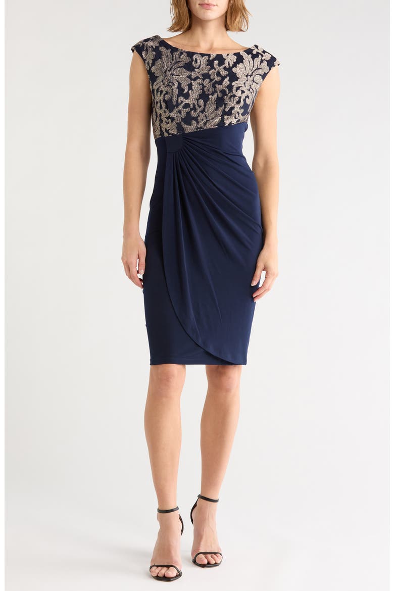 Embroidered Bodice Faux Wrap Sheath Dress, Main, color, NAVY