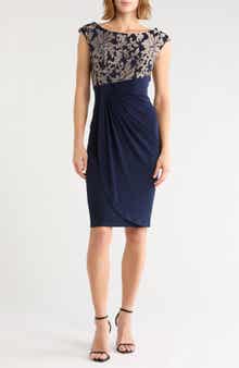 Embroidered Bodice Faux Wrap Sheath Dress