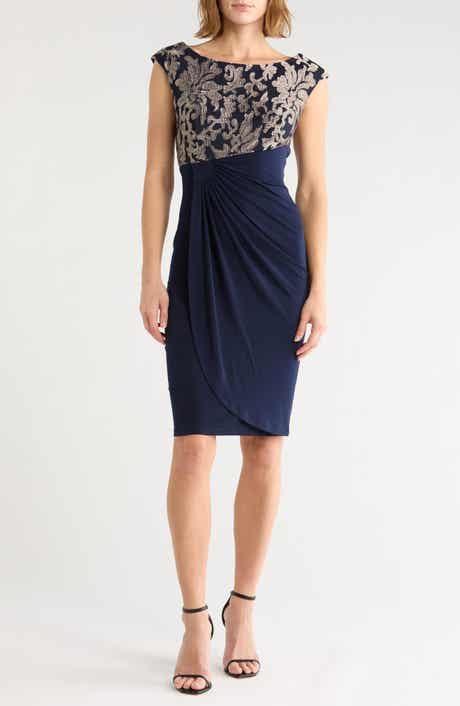 Embroidered Bodice Faux Wrap Sheath Dress