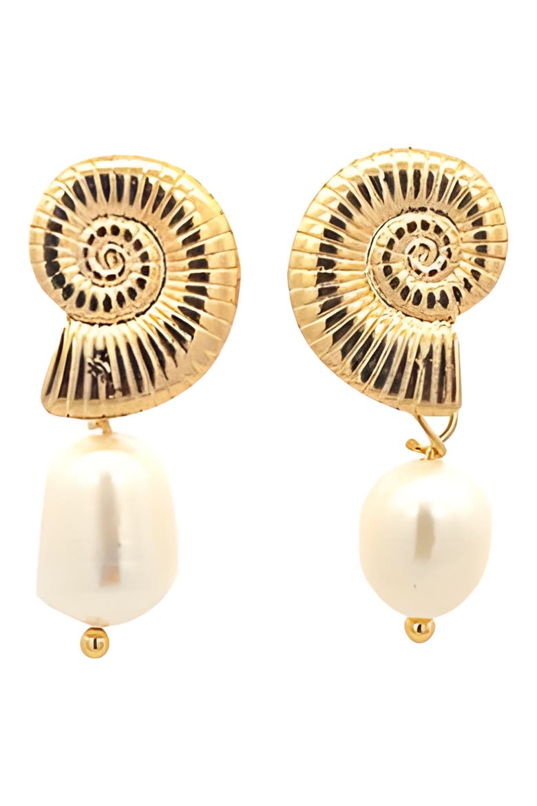 x SHARINA Seashell Faux Pearl Drop Earrings, Main, color, GOLD