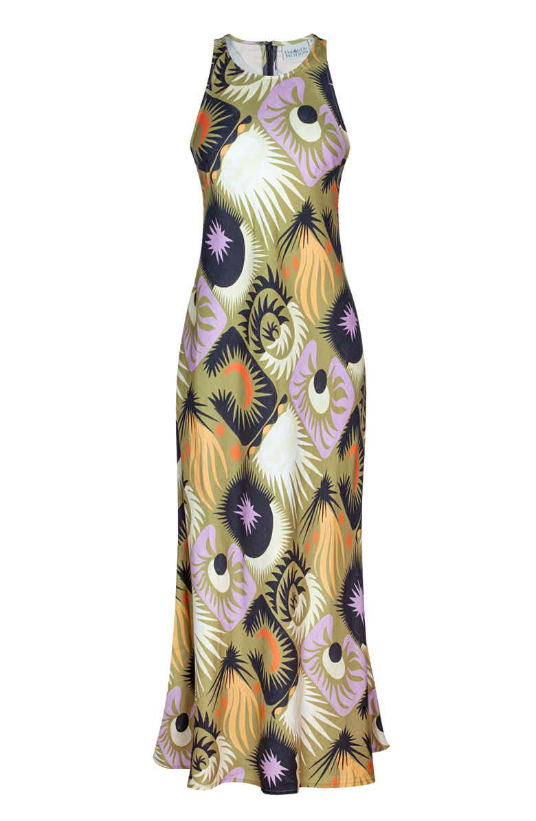 Untitled in Motion Lanelle Printed Sleeveless Bias Cut Maxi Dress, Main, color, Alchemia-Green