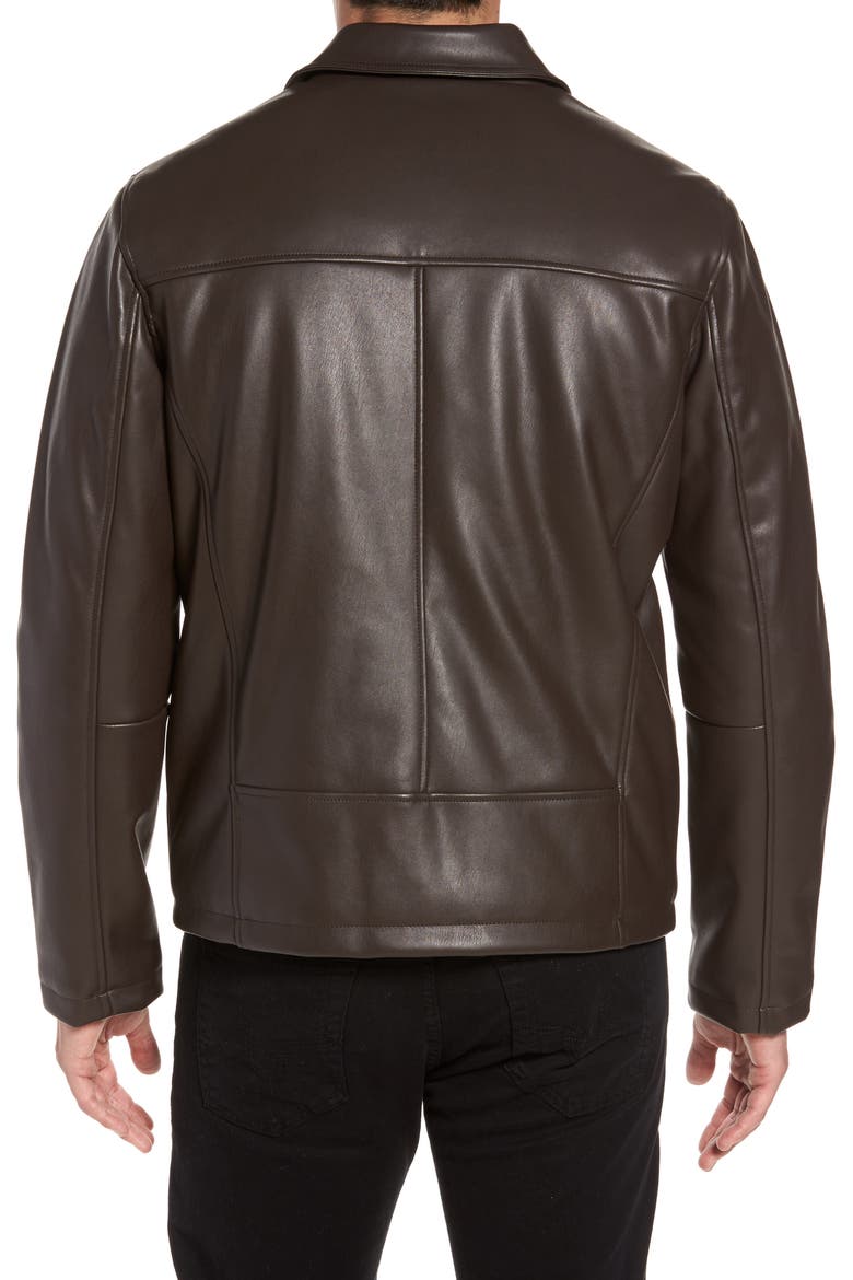 Cole Haan Collared Open Bottom Faux Leather Jacket, Alternate, color, DARK BROWN