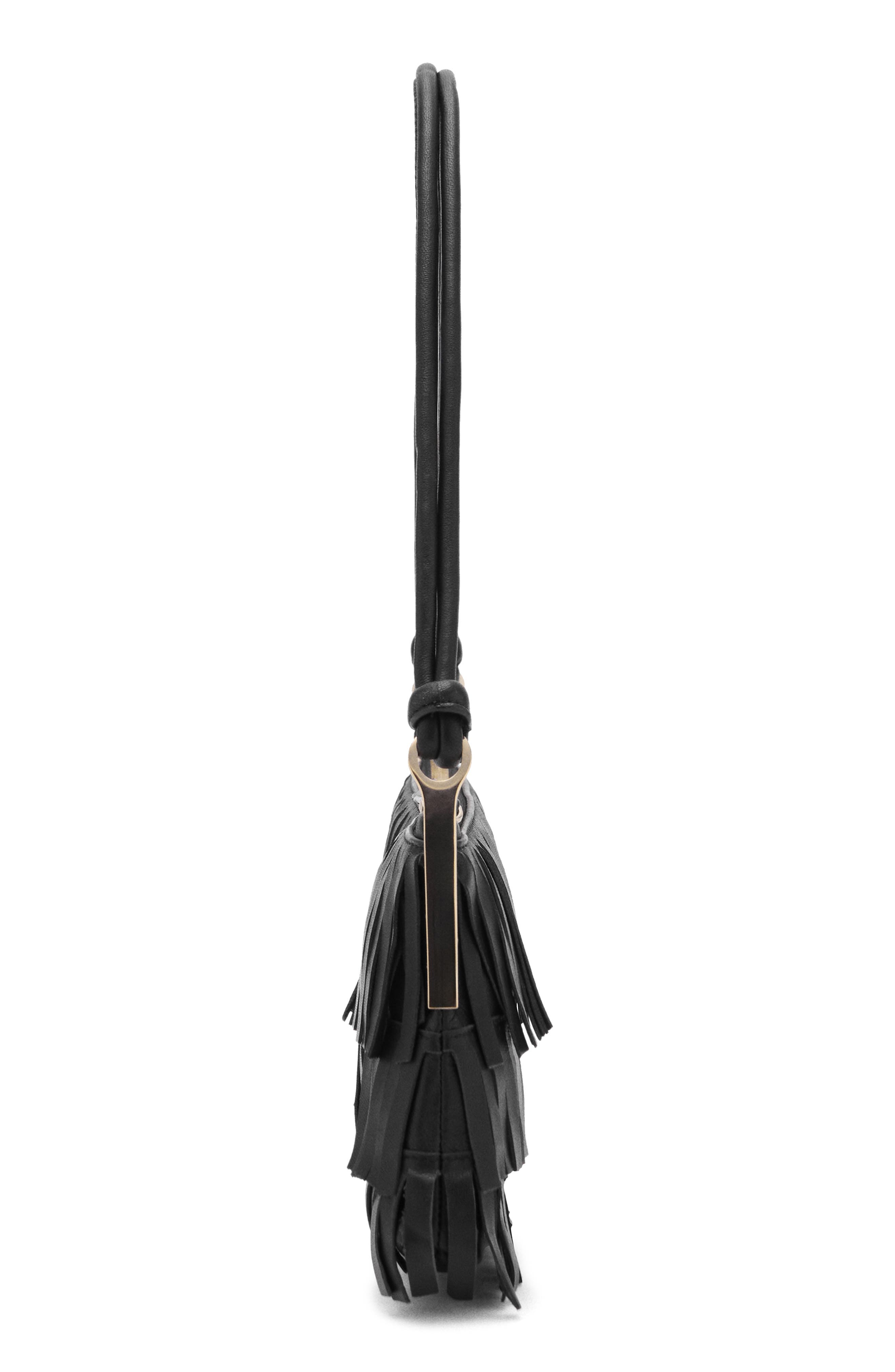 MANGO Fringe Leather Shoulder Bag, Alternate, color, Black