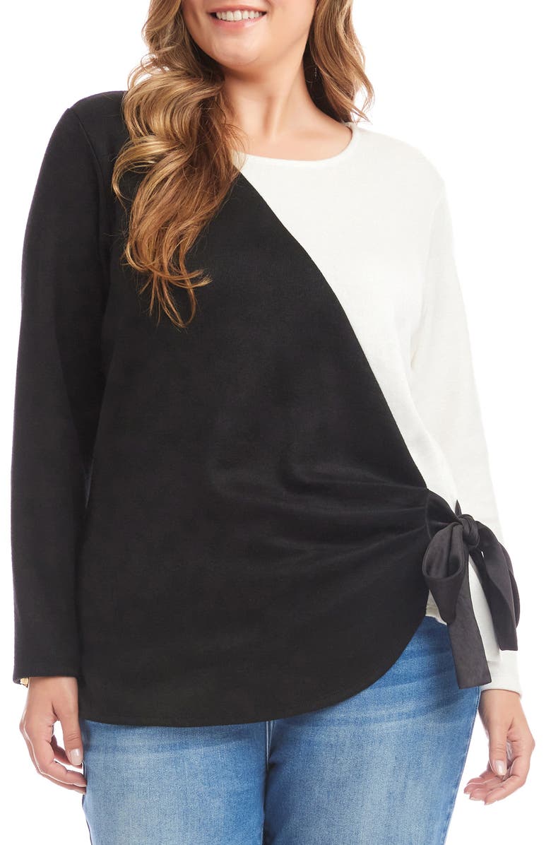 Karen Kane Colorblock Satin Bow Crossover Hem Knit Top, Main, color, Black/ Ivory