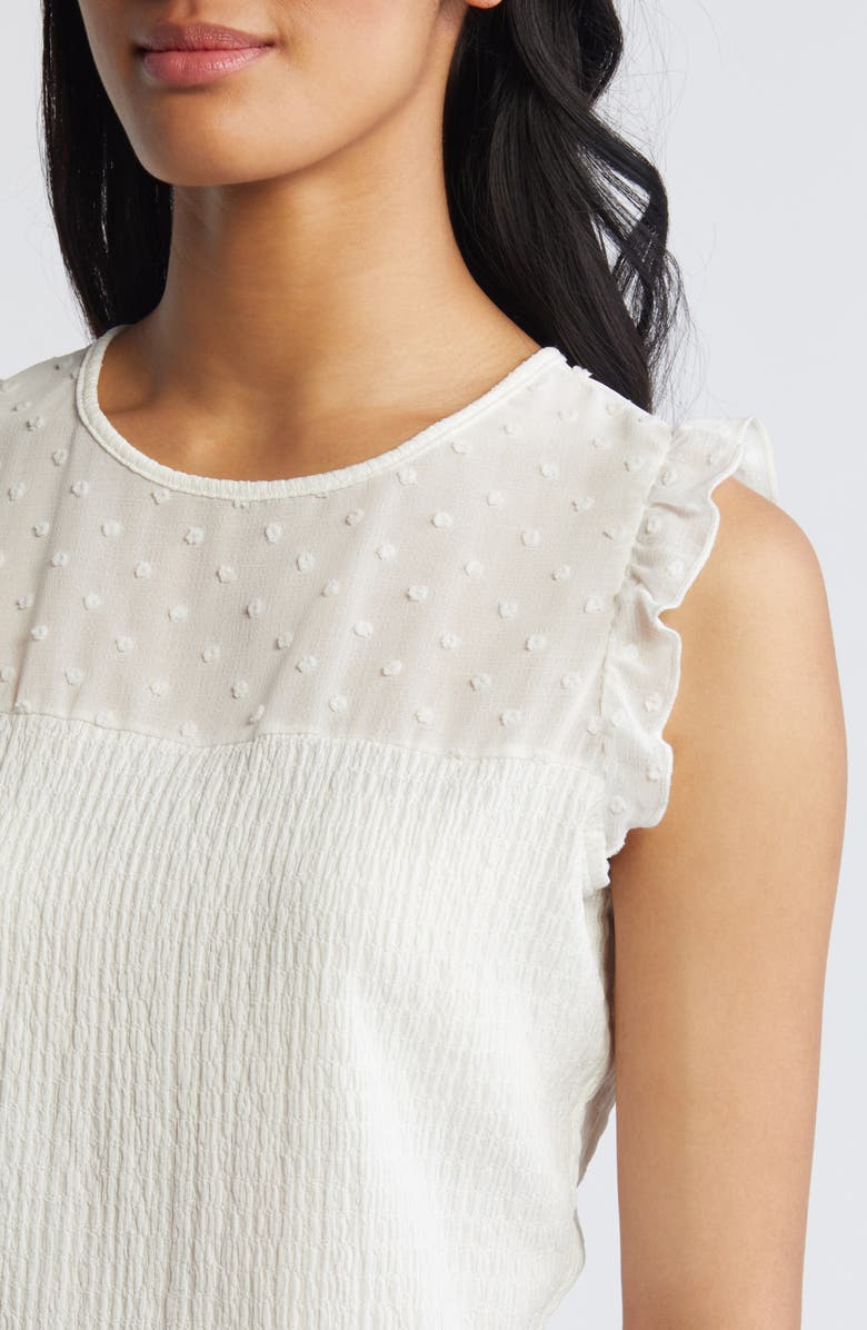 Loveappella Ruffle Clip Dot Smocked Shell, Alternate, color, White