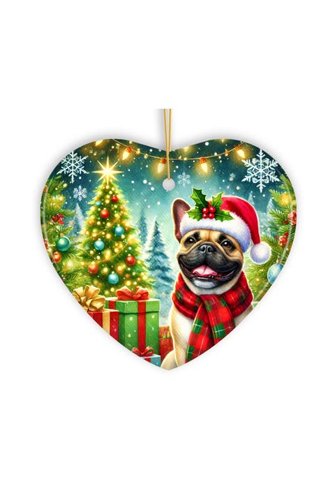 Snowy Santa Hat French Bulldog Heart Ornament