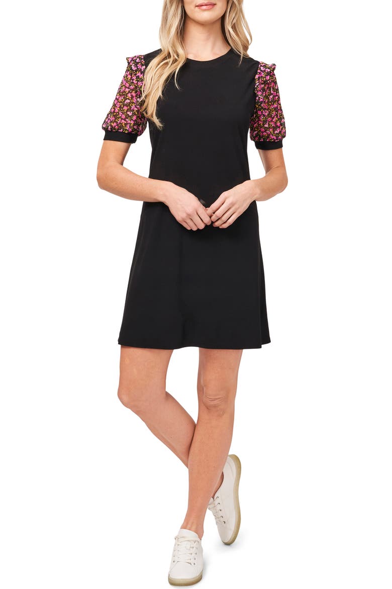 Floral Puff Sleeve Dress, Main, color, RICH BLACK