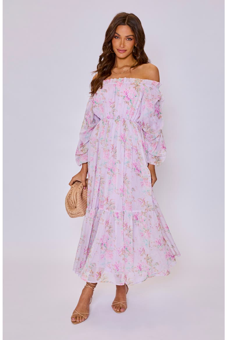 Meadow Floral Off the Shoulder Long Sleeve Maxi Dress, Alternate, color, LILAC PINK