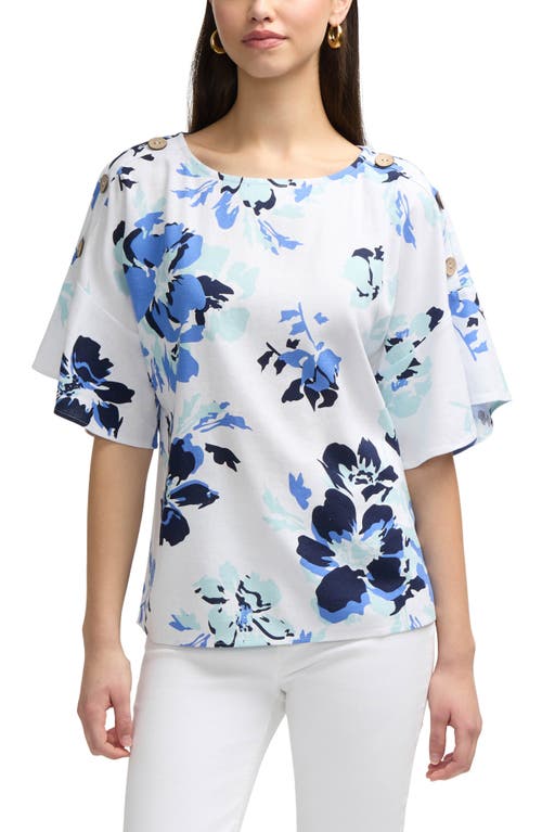 Ellen Tracy Round Neck Button Detail Linen Blend Top In Azure Bouquet