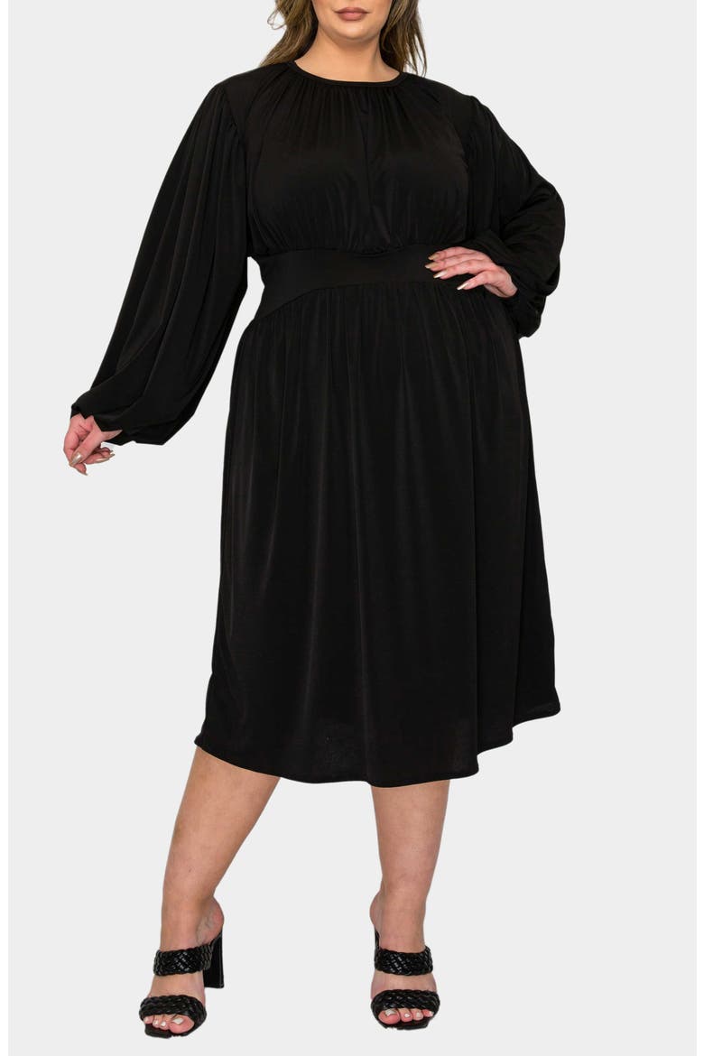 Audrey Gathered Long Sleeve Midi Dress, Alternate, color, BLACK