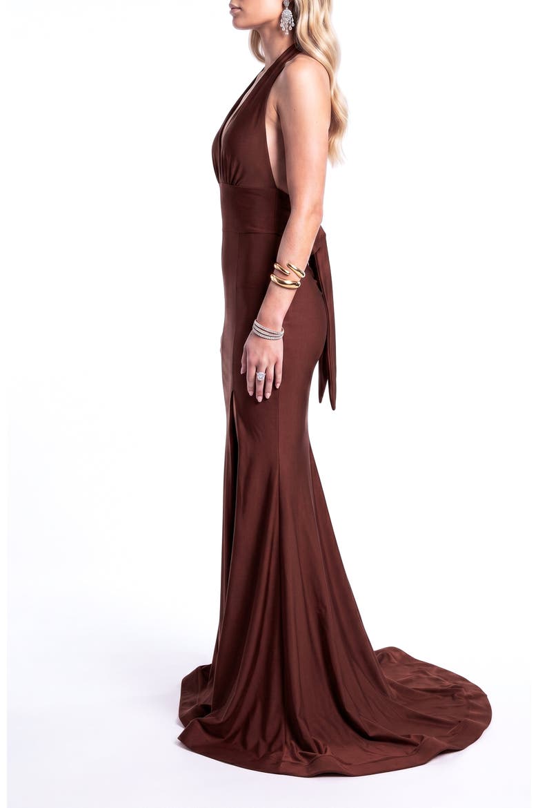 Open-Back Halter Mermaid Gown With Bow Back Detail, Alternate, color, Brown
