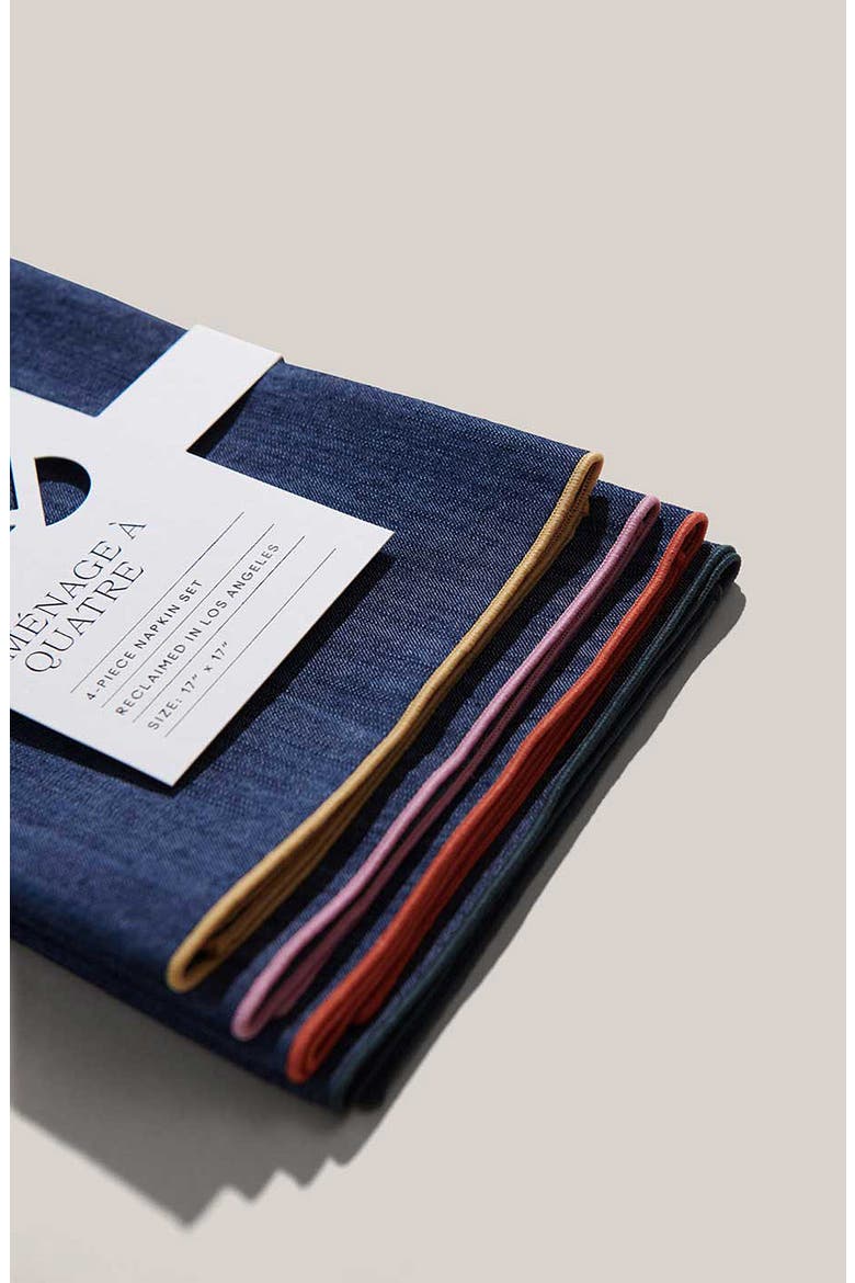 Ménage à Quatre Set of 4 Rainbow Edge Reclaimed Denim Napkins, Alternate, color, RAINBOW DENIM