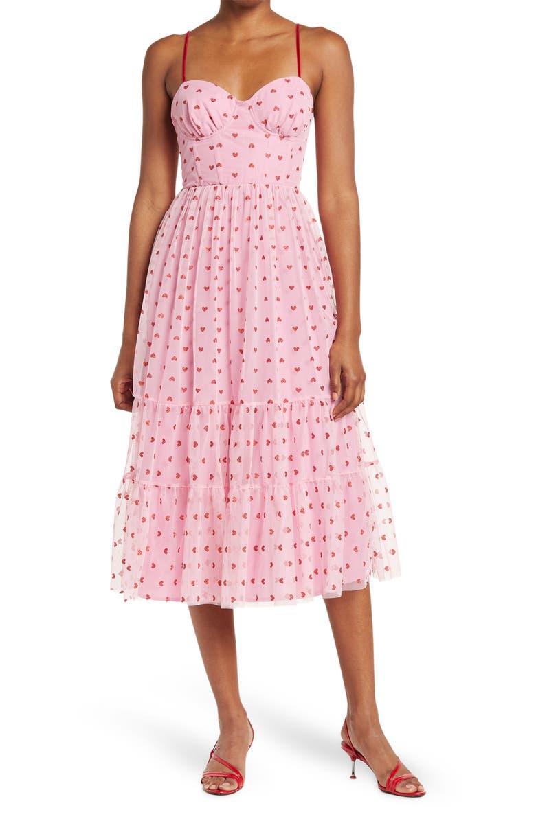 Betsey Johnson Metallic Heart Print Mesh Midi Dress, Main, color, 