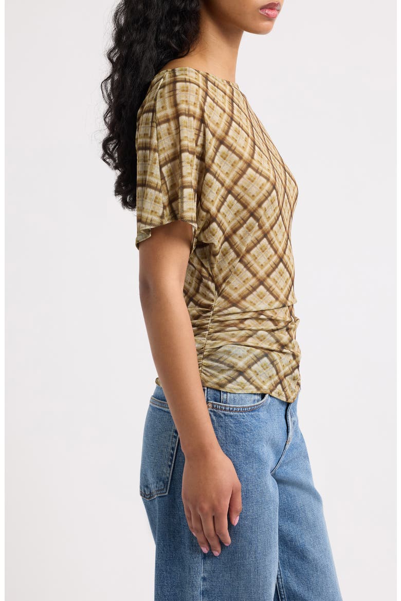 Slash Neck Ruched Mesh Top, Alternate, color, GREEN CHECK