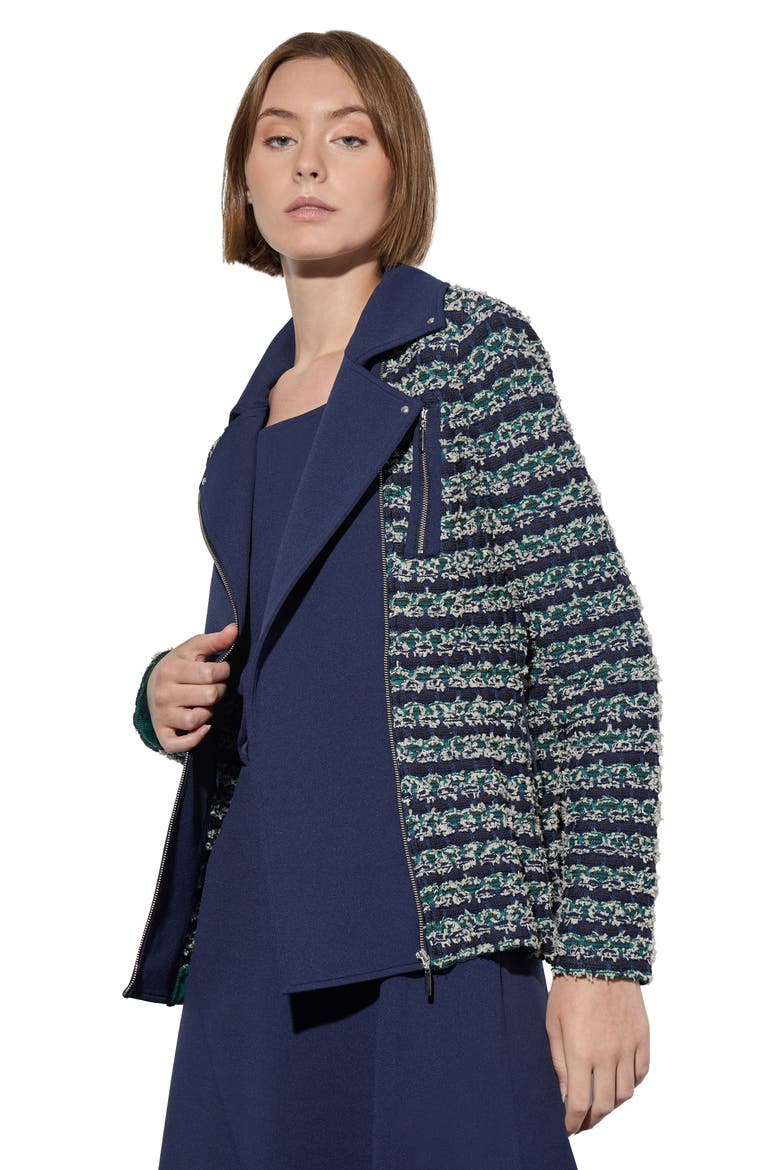 Belted Mixed Media Moto Jacket, Alternate, color, REGATTA/ MULTI