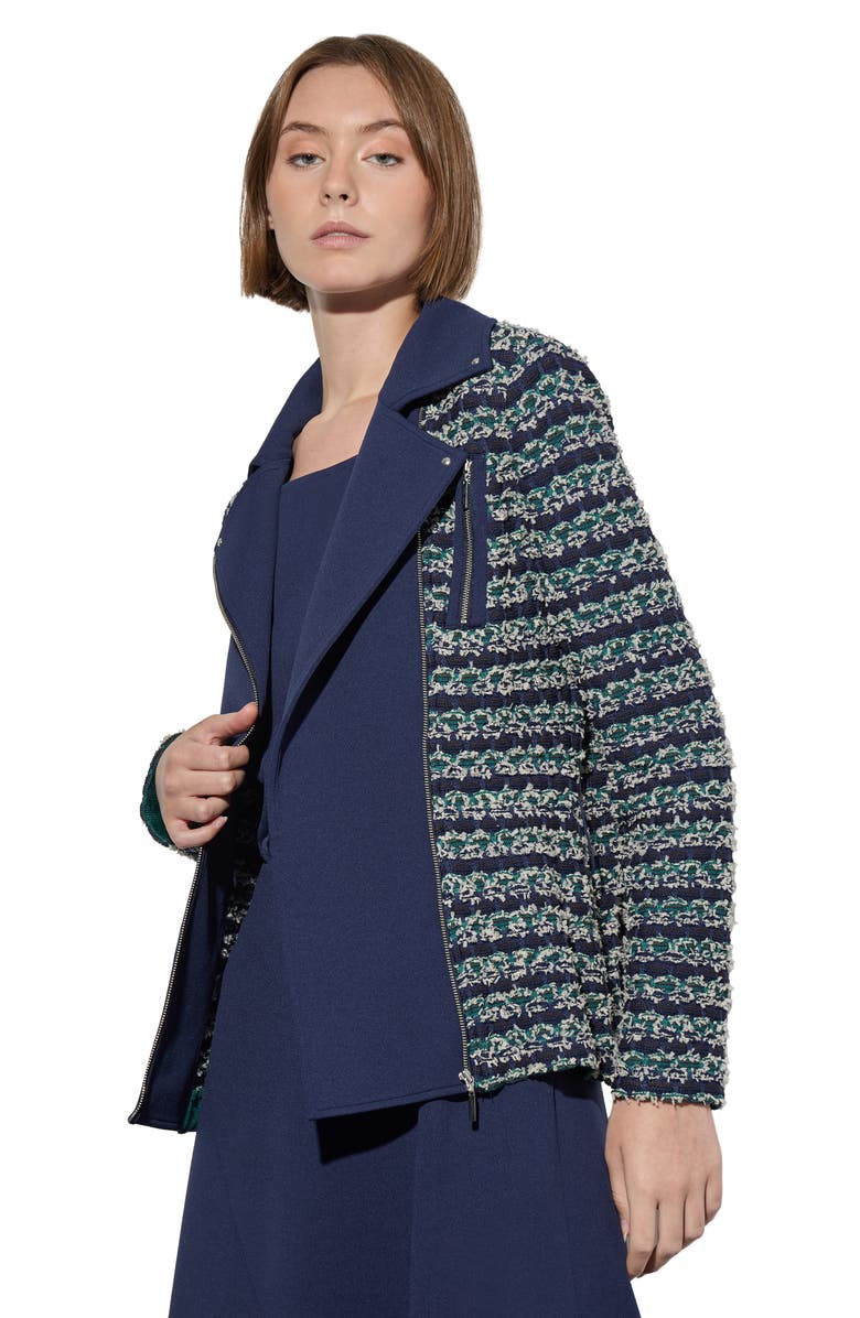 Ming Wang Belted Mixed Media Moto Jacket, Alternate, color, Regatta/ Multi