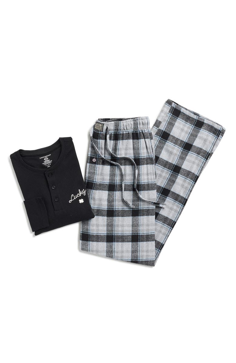 Lucky Brand Thermal Henley & Flannel Pajama Pants Set, Alternate, color, Jet Black/ December Sky Plaid