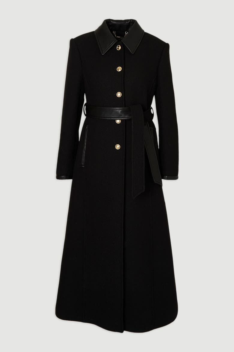 Wool Pu Mix Belted Tailored Maxi Coat, Alternate, color, Black